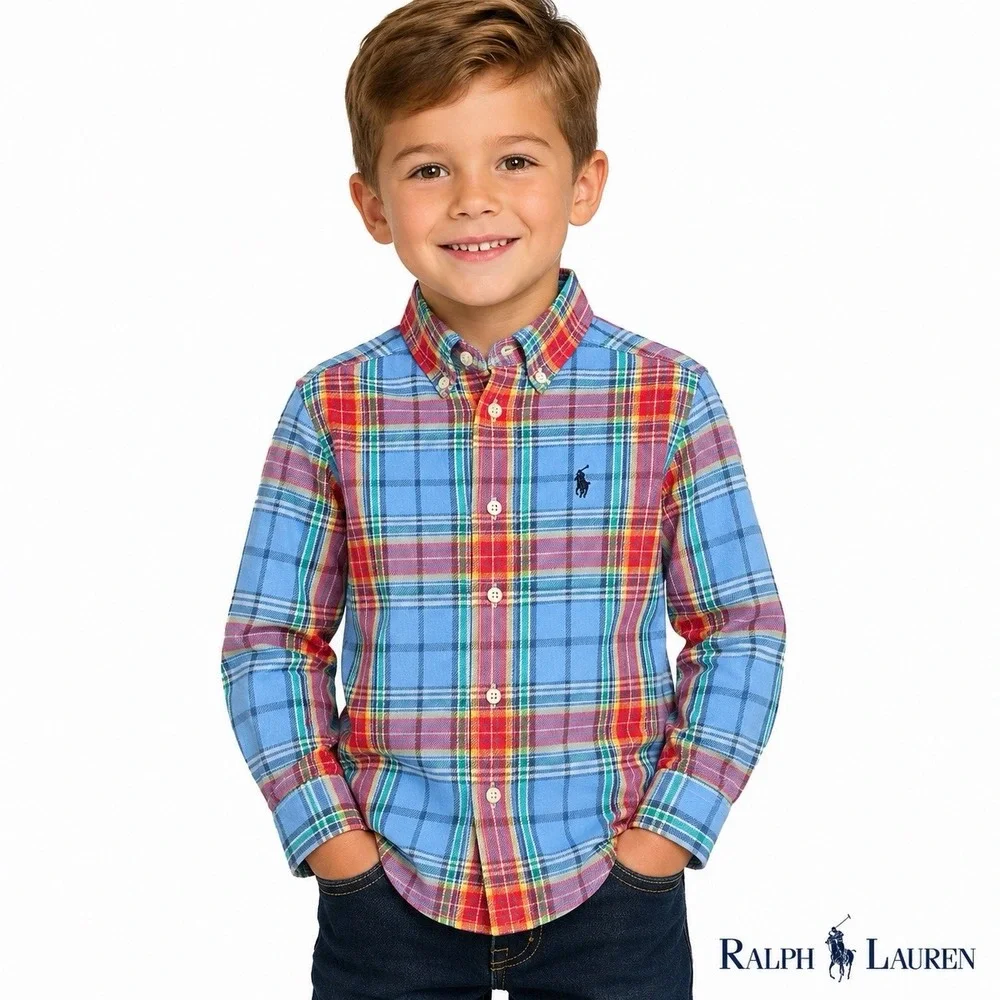 Ralph Lauren Boys Size 5 Plaid Flannel Shirt Blue Red Cotton Twill Button Down
